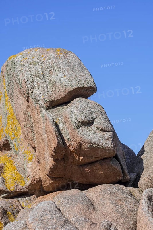 Strange rock formations and water, wind eroded boulders along the Côte de granit rose, Pink Granite Coast, Côtes d'Armor, Brittany, France, Europe