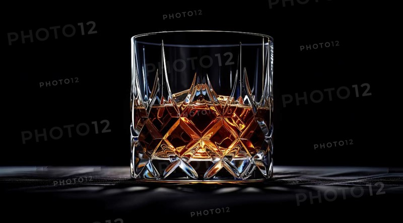 A glass of liquor whiskey or scotch. Close-up of expensive classy whiskey drink, AI generated