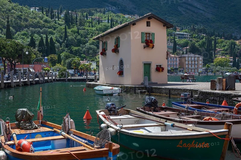 Rowing boats in the harbour, Old Customs House, Torbole, Lake Garda, Trentino, Italy, Europe