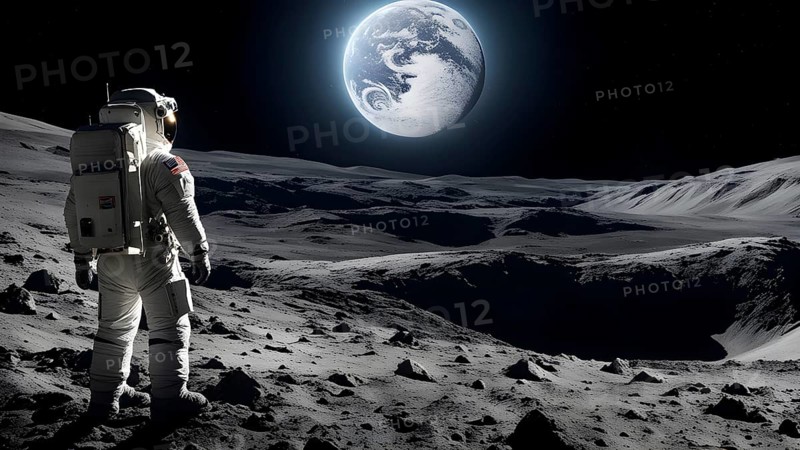 An astronaut stands on a lunar-like surface gazing at an immense planet rising, AI generated