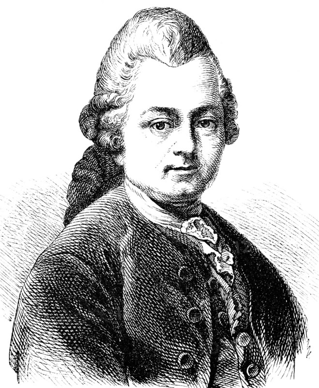 Portrait Gotthold Ephraim Lessing, important poet of the Enlightenment, 18th century, writer, dramatist, wig, face, head, looking at the viewer, jacket, scarf, born in Saxony, Prussia, historical illustration 1882