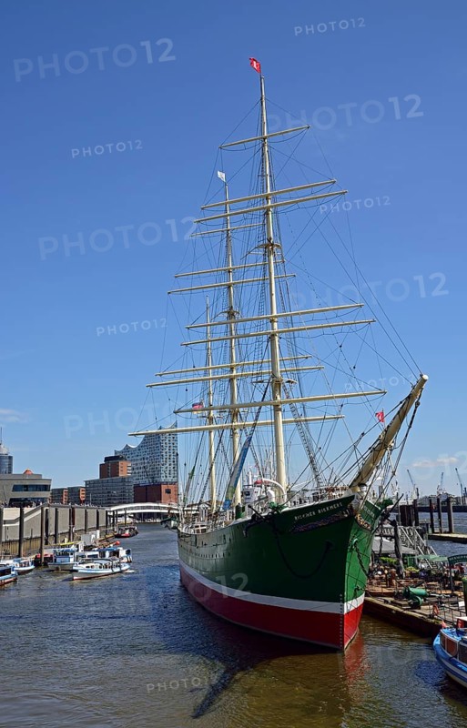 Europe, Germany, Hamburg, Elbe, harbour, Rickmer Rickmers, museum ship, Baumwall, Elbe Philharmonic Hall in the background, full-rigged ship, former cargo ship, Hamburg, Hamburg, Federal Republic of Germany, Europe