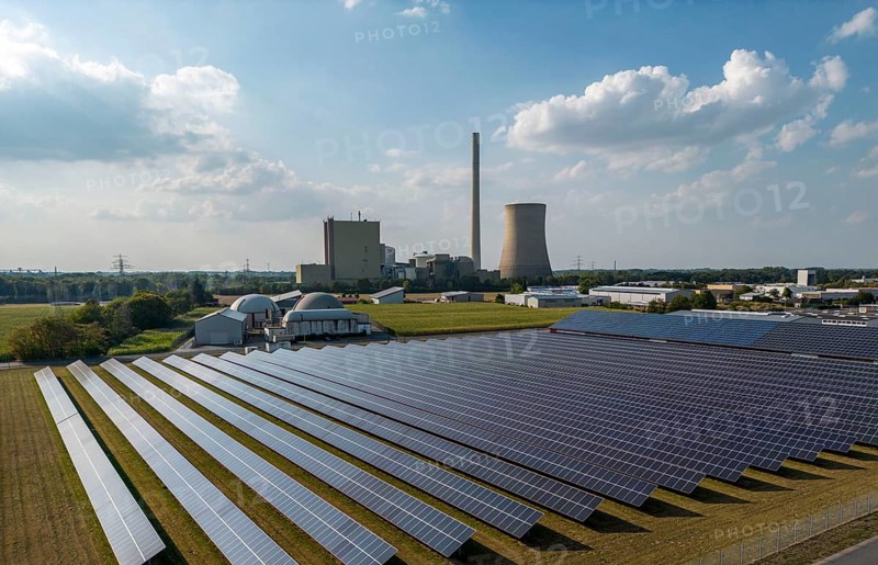 The Heyden power plant, coal-fired power plant, which was shut down in July 2021 and kept as a grid reserve and will be temporarily reconnected to the grid at the end of August 2022 as part of the energy crisis, photovoltaic system and biogas plant in the neighbourhood, Petershagen, North Rhine-Westphalia, Germany, Europe
