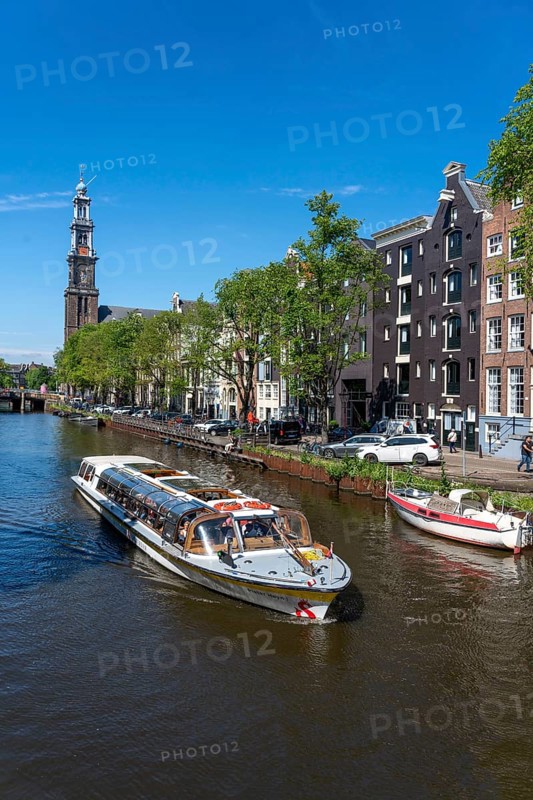 Westerkerk, church tower, historic centre of Amsterdam, canal belt, Prinsengracht, canal cruise, old houses, Amsterdam, Netherlands