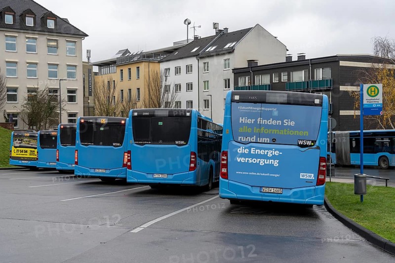 Bus car park, during break times, above the central bus station, WSW buses, at the main railway station, Wuppertal, North Rhine-Westphalia, Germany, Europe