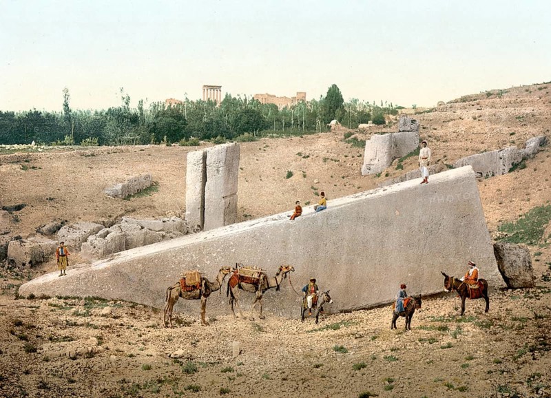 Temple of the Sun, centre stone, Baalbek, Holy Land, Lebanon, c. 1890, Historic, digitally restored reproduction from a 19th century original, Temple of the Sun, centre stone, the Holy Land, 1890, Historic, digitally restored reproduction from a 19th century original, Asia