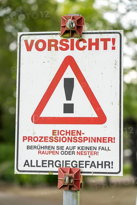 Warning of the oak processionary moth, in a public park, touching can lead to caterpillar dermatitis, allergic reaction to the thaumetopoein contained in the stinging hairs of the caterpillars, it triggers allergic skin reactions, near Straelen, North Rhine-Westphalia, Germany, Europe