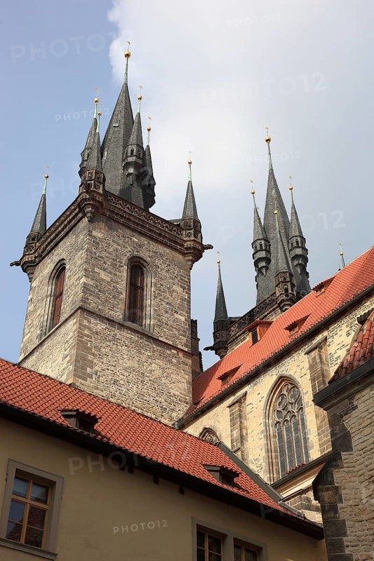The towers of the Gothic Teyn Church, a Roman Catholic church of the Virgin Mary in front of the Teyn in Prague's Old Town on the Old Town Square, Prague, Czech Republic, Europe