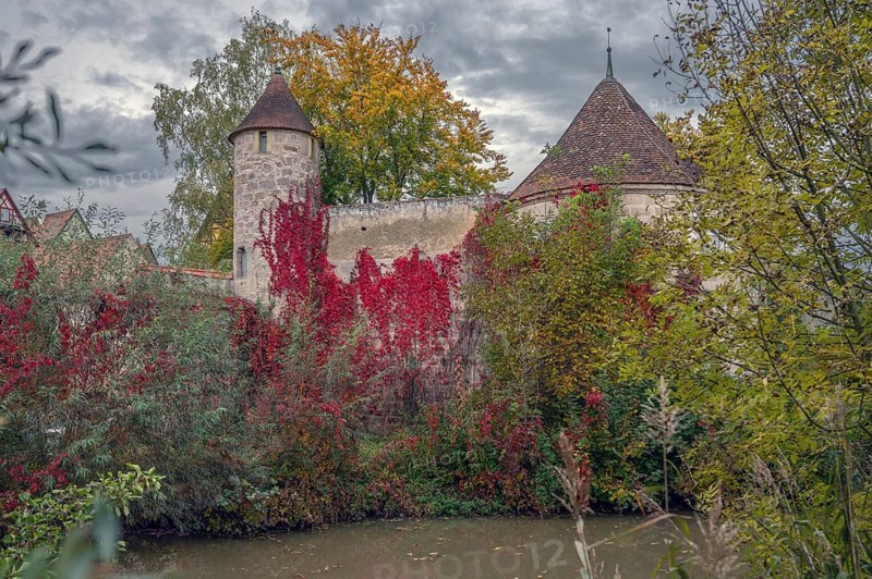 Towers of the medieval defence wall around 1200, in front the Wörnitz, Dinkelsbühl, Bavaria, Germany, Europe