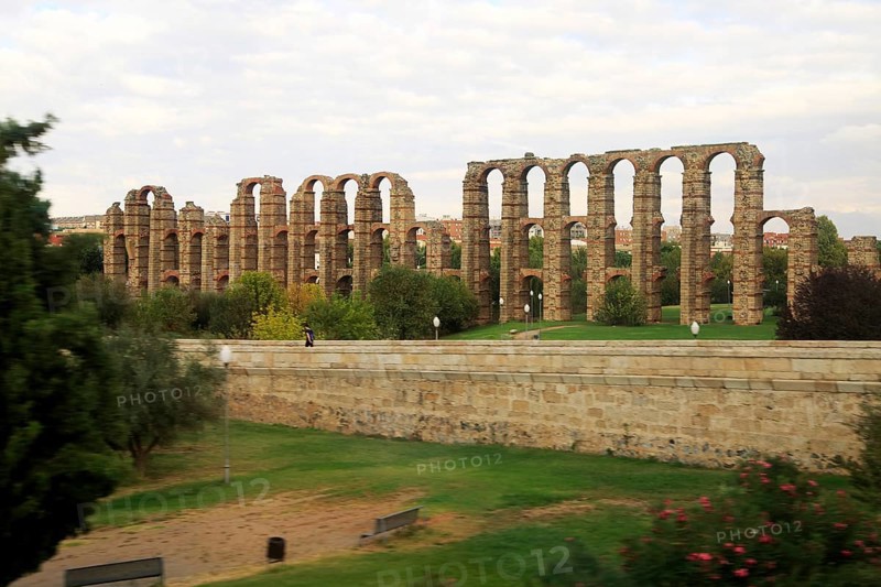 Blurred motion shot from speeding train of Roman aqueduct, Acueducto de Los Milagros, Merida, Extremadura, Spain, Europe