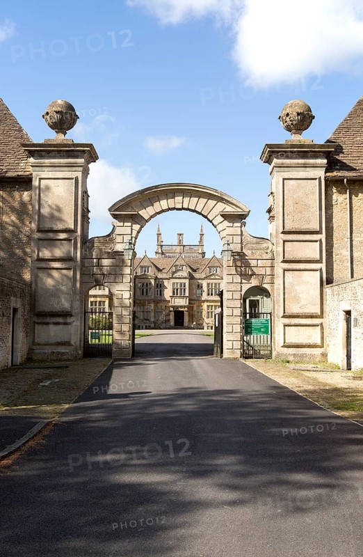 Stone archway entrance to Corsham Court, Wiltshire, England, UK