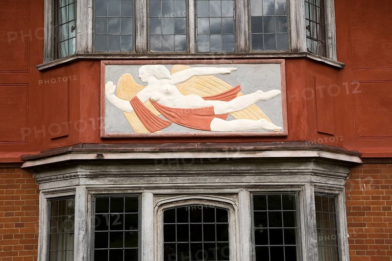 Pargeting plasterwork figure of a flying angel, Wyken Hall, Suffolk, England, UK
