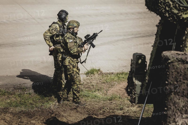 Armed soldiers, photographed as part of a Bundeswehr exercise with armed forces from Norway and the Czech Republic during the 'Wettiner Schwert' exercise as part of Quadriga 2024 in the training town of Schnöggersburg, 8 April 2024