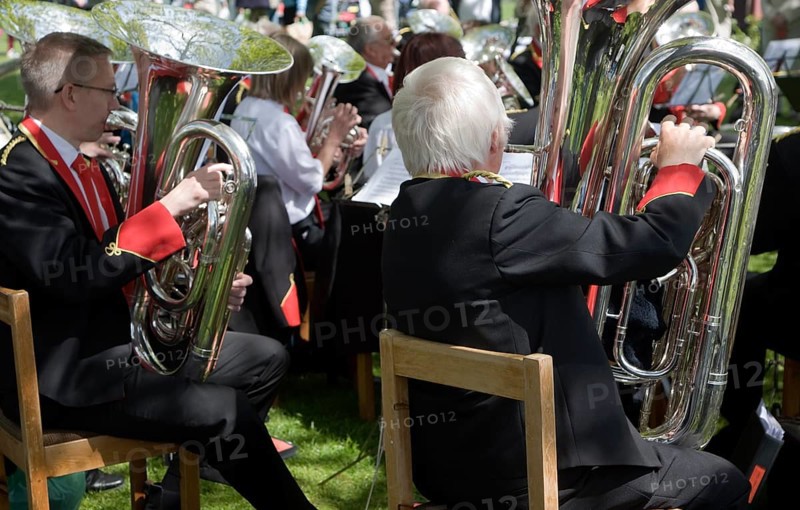 Musicians in a brass band perform during a country fair at Helmingham Hall, Suffolk, England, United Kingdom, Europe