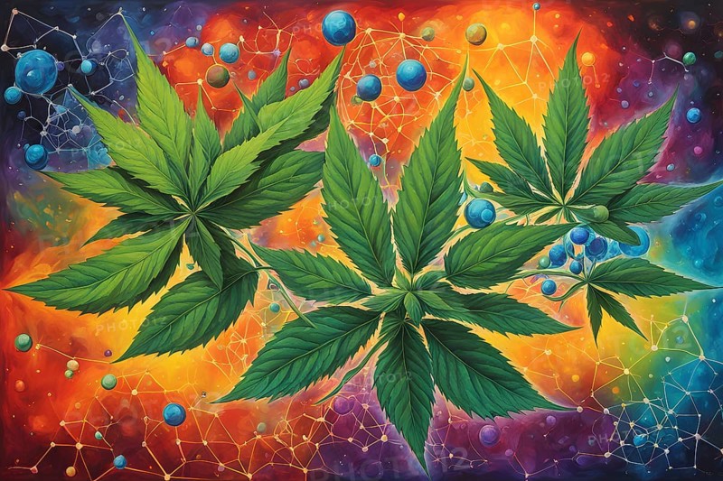 Abstract painting of chemical structure of thc and cbd interlocking geometric shapes, AI generated