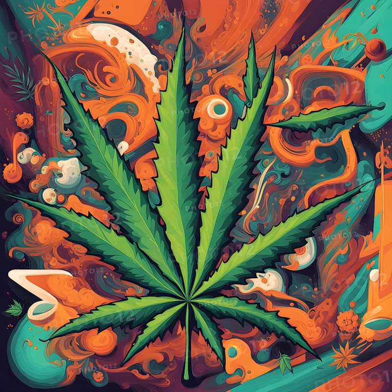 Abstract composition of a cannabis cafe with ambiance bold contrasting colors and playful shapes, AI generated