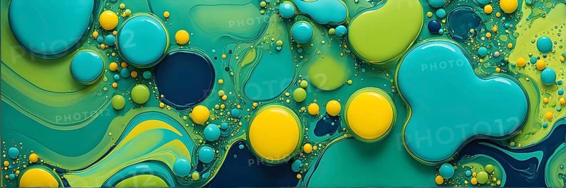 Abstract wallpaper with colorful blobs and liquid shapes on a green background, AI generated