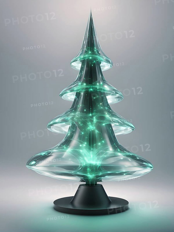 A three dimensional rendering of a futuristic Christmas tree made of glowing, semi-transparent glass, AI generated