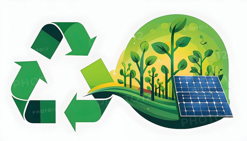Recycling symbol morphing into growing plants and solar cells to symbolize the transformation of waste into renewable resources, AI generated