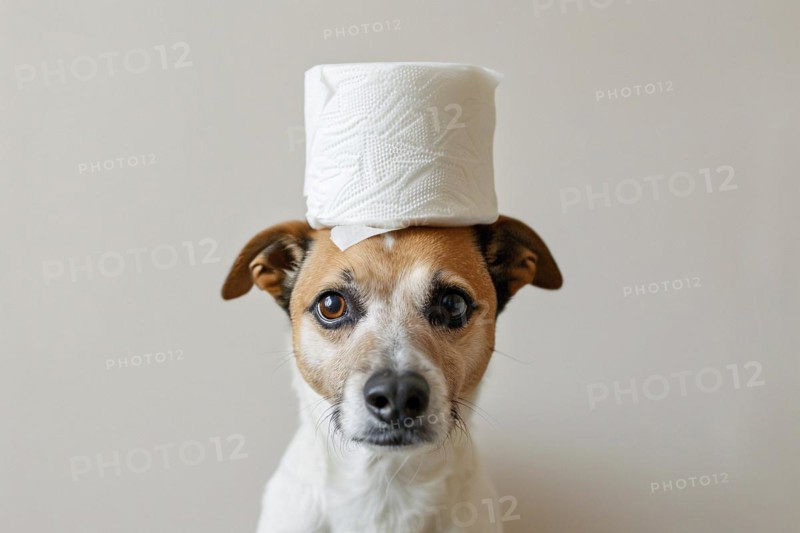 Dog with roll of toilet paper on head. KI generiert, generiert AI generated