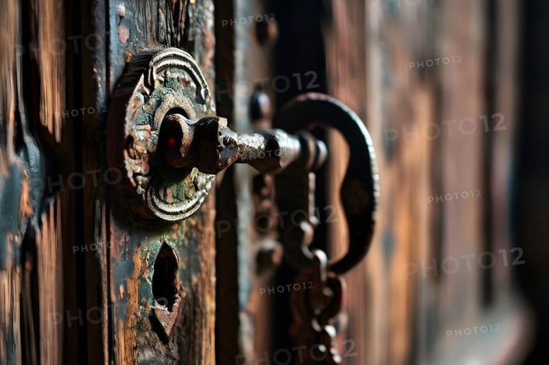 Detail of an old rusted lock on a wooden door, AI generated