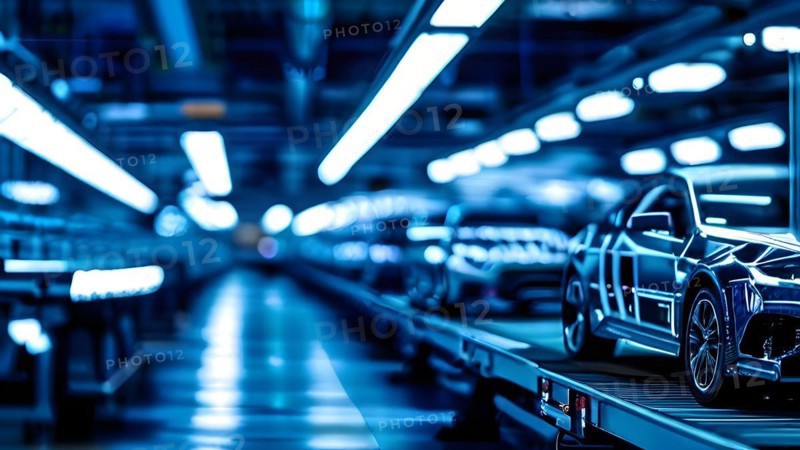 AI generated automotive assembly line in car manufacturing progression with automated machines