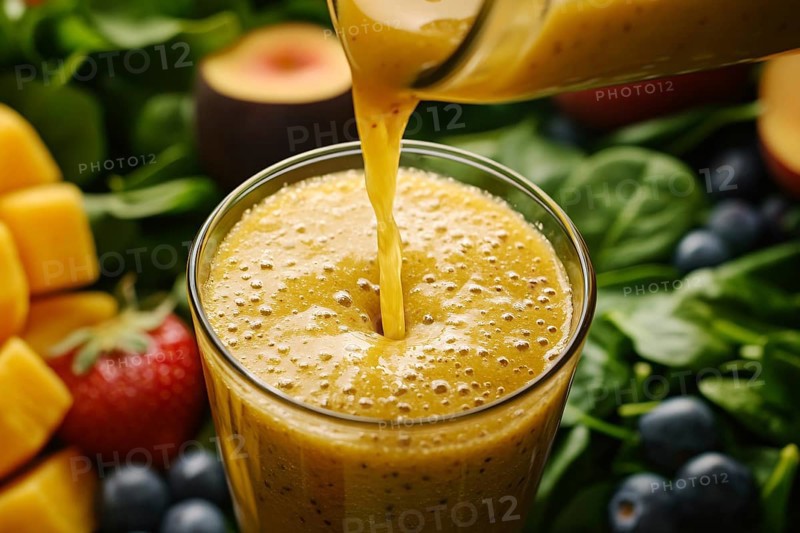 Close up of orange healthy smoothie drink being pured into a glass. Generative Ai, AI generated