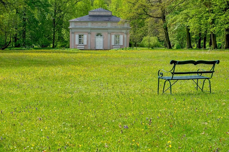 Bench in the park of Schloss Fasanerie, Eichenzell, Hesse, Germany, Europe