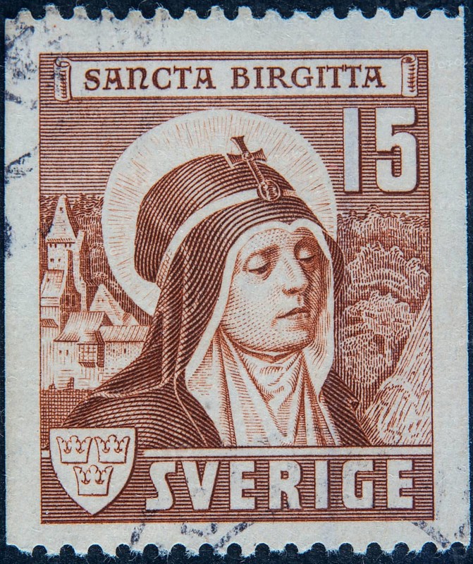 Birgitta Birgersdotter, also known as Saint Birgitta, 1303, 1373 a Swedish Catholic writer, theologian and order and monastery founder of the Birgittine Order. Portrait on Swedish postage stamp