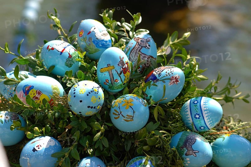 Easter custom, Easter fountain in Franconian Switzerland, detail, here in Bieberbach, district of Forchheim, Upper Franconia, Bavaria, Germany, Europe