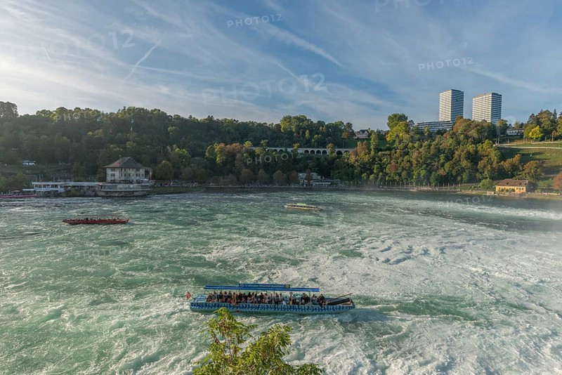 Rhine Falls seen from Schloss Laufen, tourist boats, Restaurant Schlössli Wörth, rapids, Canton Zurich, on Neuhausen, Switzerland, Europe