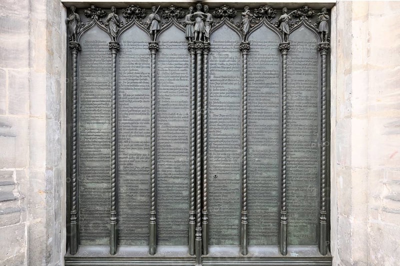 All Saint Church or Castle Church, Theses door where Martin Luther posted in Latin his 95 theses, Luther City Wittenberg, Saxony Anhalt, Germany, Europe