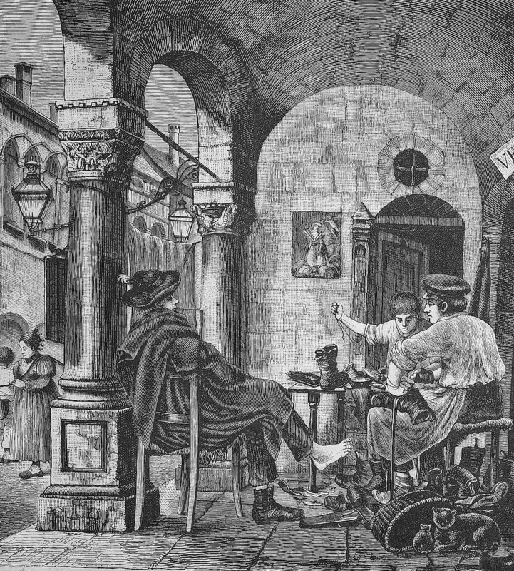Shoemaker's workshop, shoemaker, shoemaker's workshop in Padua, Italy, Historical, digitally restored reproduction from a 19th century original, Record date not stated, Europe