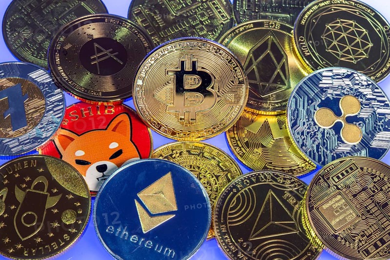 Various cryptocurrencies, symbol coins, optical placeholder for the digital currency, blockchain, Bitcoin, Ripple, Ethereum, Shiba Inu, Eos, Litecoin, Monero, Stellar, Adalevea, Qtum Blockchain, Tron, Maya