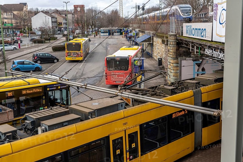 Ruhrbahn transport buses, at Essen-Borbeck S-Bahn station, interface between rail transport, Nordwestbahn and bus lines, trams, in Essen, North Rhine-Westphalia, Germany, Europe