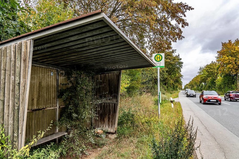 Bus stop in the countryside, on the L828, on Eggestraße, neglected bus shelter, line to Willebadessen, Ostwestfalen Lippe, bus route 541, bus stop Teutonia, Verkehrsverbund fahr mit - Mobil im Hochstift, North Rhine-Westphalia, Germany, Europe