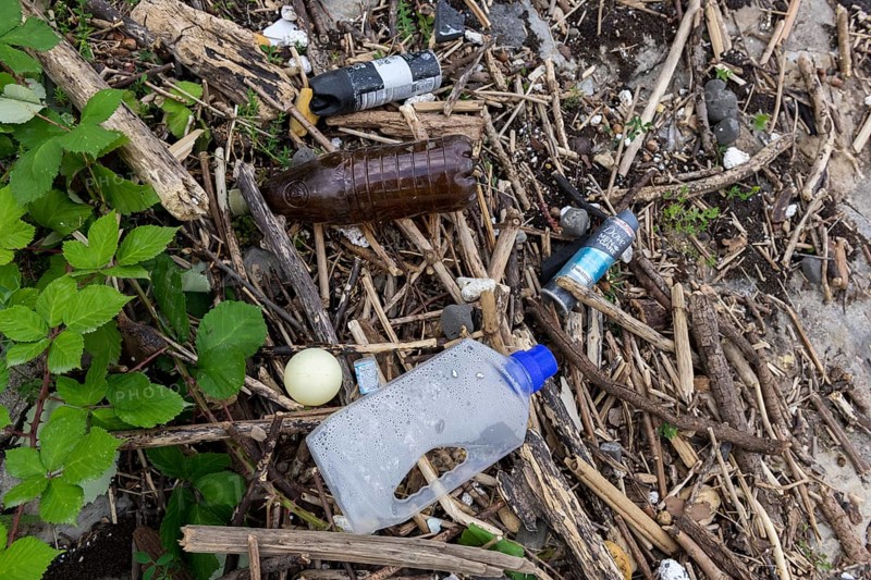 Symbolic image Environmental pollution, plastic waste, rubbish, flotsam from a flood on the Neckar river, wood, Poppenweiler, Baden-Württemberg, Germany, Europe