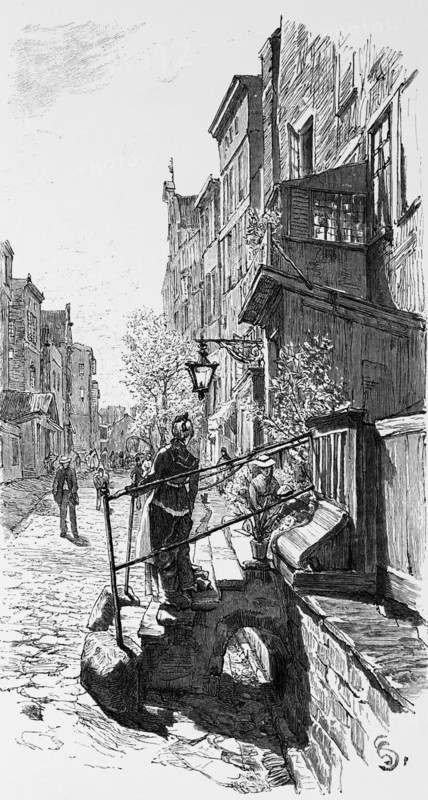 Alley in Elbing or Elblag, Warmia-Masuria, Poland, narrow alleyway, house front, lantern, staircase, gutter, bay window, people, sunshine, historical illustration 1880, Europe