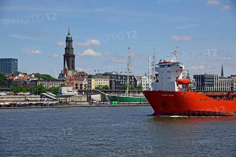 Europe, Germany, Hanseatic City of Hamburg, Elbe, View across the Elbe to the Michel, Fleet Star Ro-Ro Container Carrier, Europe