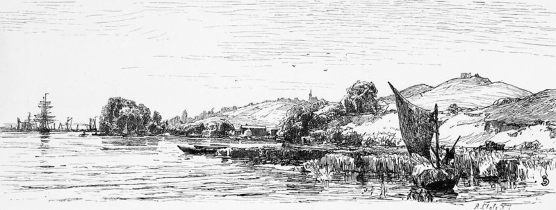 The Oder with Stettin or Szczecin, on the horizon, Poland, river, reed bank, barge, sail, hilly landscape, nature, rural idyll, historical illustration 1880, Europe