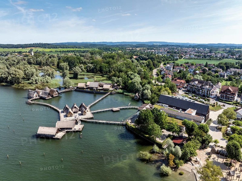 Aerial view of the pile dwellings, Lake Dwelling Museum, Open Air Museum Unteruhldingen, Uhldingen-Mühlhofen, Lake Constance, Lake Constance, Baden-Württemberg, Germany, Europe