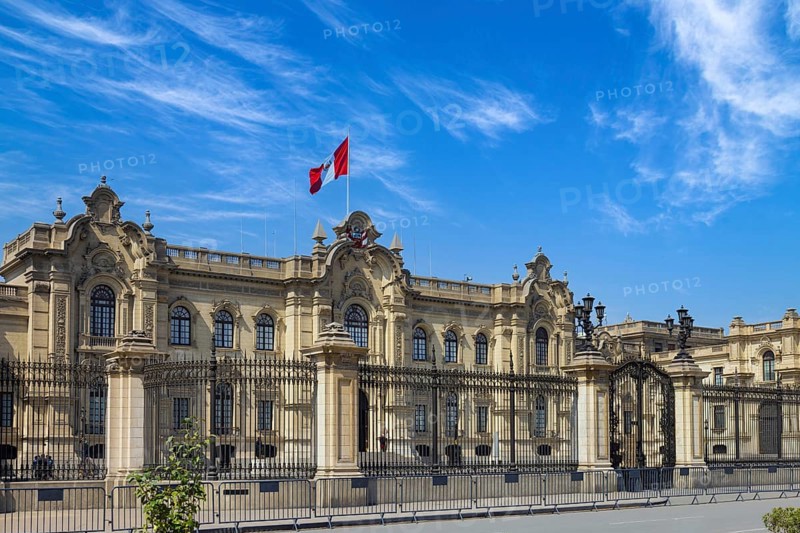 Lima, Peru, Government Palace on colonial Central plaza Mayor or Plaza de Armas in historic center, South America