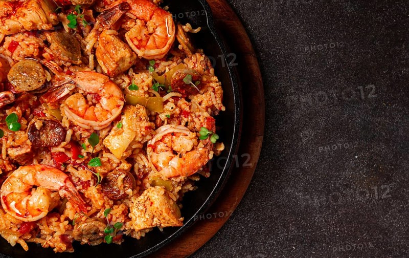 Jambalaya, Creole dish, American pilaf, rice with chicken and shrimp, vegetables, homemade, no people