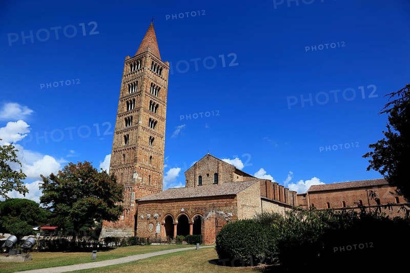 Pomposa, Abbatia Sanctae Mariae Pomposae, former abbey of the Benedictine order at the mouth of the Po, municipality of Codigoro, Ferrara, Emilia-Romagna, Italy / Pomposa Abbey is a Benedictine monastery in the comune of Codigoro on the Adriatic coast near Ferrara, Italy, Europe