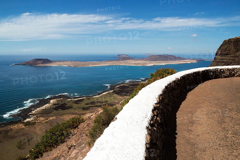 La Graciosa island and El Rio channel, Chinjo archipelago natural park, Lanzarote, Canary Islands, Spain, Europe