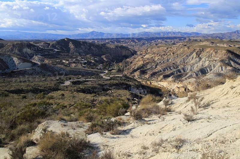 Limestone desert landscape, Los Molinos del Río Aguas, Paraje Natural de Karst en Yesos, Sorbas, Almeria, Spain, Europe