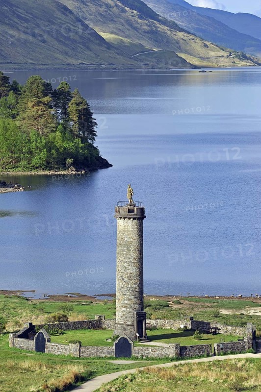 The Glenfinnan Monument on the shores of Loch Shiel, erected in 1815 to mark the place where Prince Charles Edward Stuart, Bonnie Prince Charlie raised his standard, at the beginning of the 1745 Jacobite Rising, Lochaber, Highlands, Scotland, UK