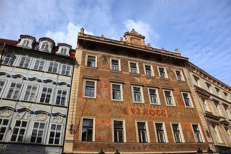 The façade of the former Rott metal goods shop on the Small Square in the Old Town, Prague, Czech Republic, painted with allegorical figures of craftsmen and farmers, Europe