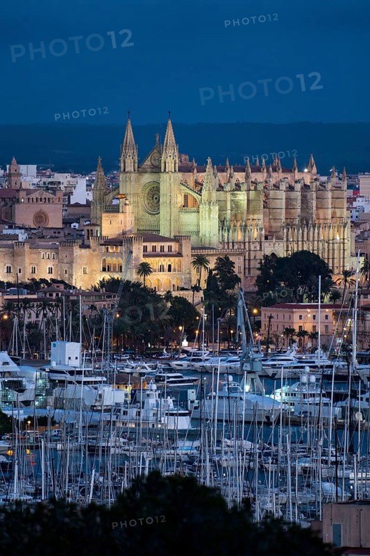 Panorama of Palma de Majorca, Bay of Palma, with the marina and the Cathedral of St Mary, Balearic Islands, Spain, Europe