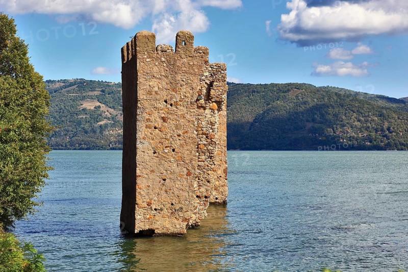 Wallachia, two towers in the Danube near Sivinita, Iron Gate nature park Park, Danube landscape, Romania, Europe